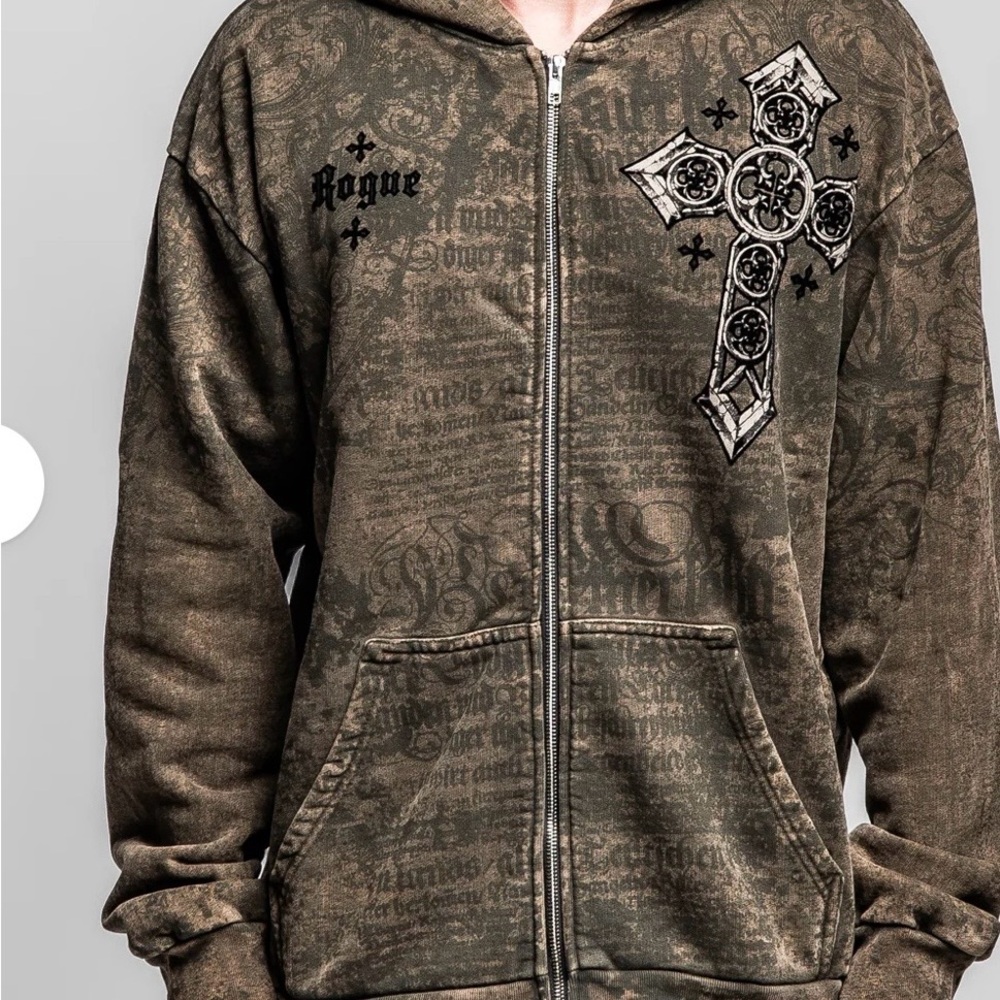 Affliction Men's Brown Zip-Up Hoodie with Cross Design